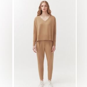 Cuyana French Terry Set In Soft Tan- V Neck Sweater Sz XL / Pans Sz L